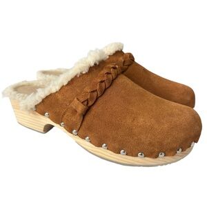 Anthropologie Tan Suede Mules with White Accents